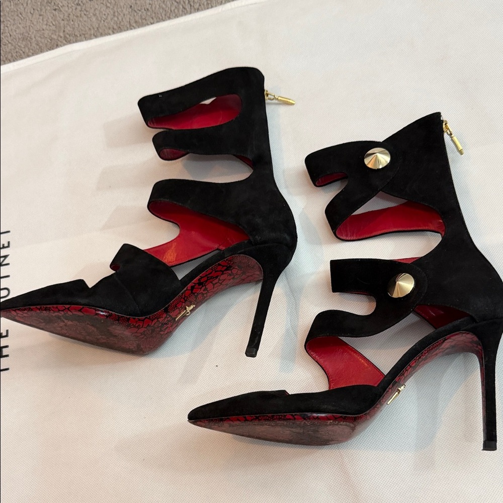 Cesar Paciotti Black Suede Strappy High Heel Sandals with Red Lining Size 39